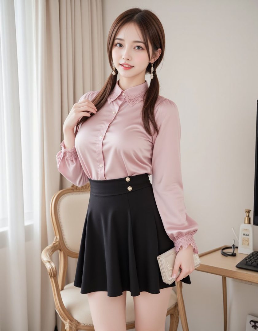 A young woman with brown twintails wears a pink satin blouse and a black mini skirt, posing indoors.