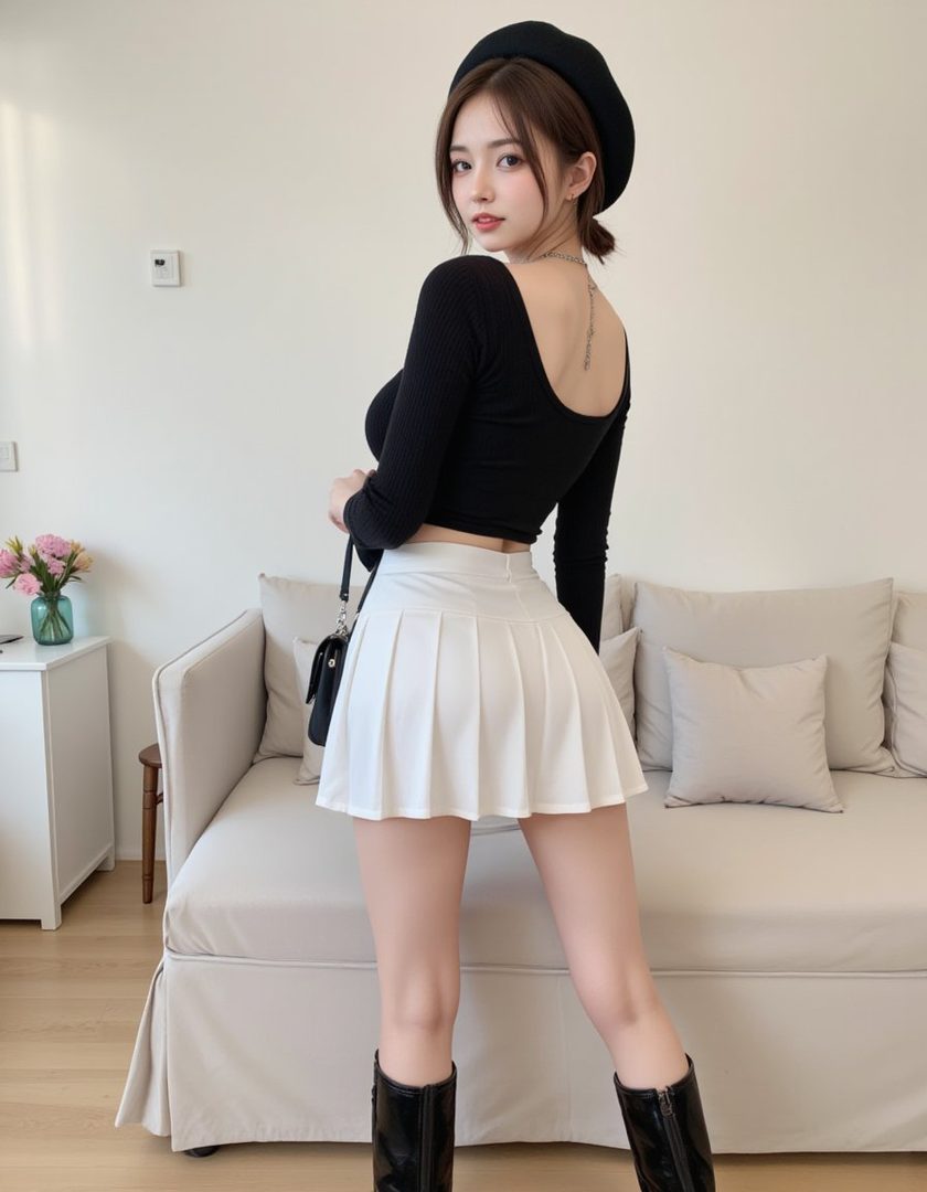 A woman in a black long-sleeved top, white pleated mini skirt, and black boots poses indoors.