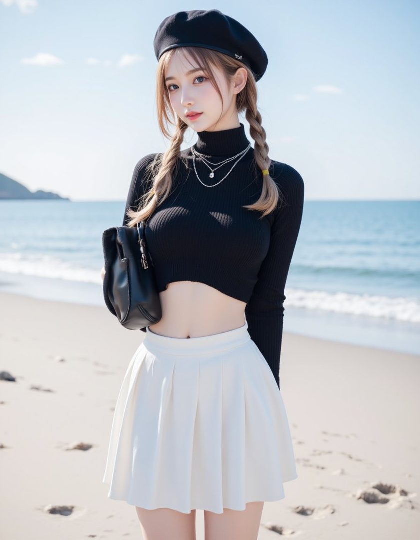 A young woman with braided brown hair and a black beret stands on a beach, wearing a black cropped turtleneck and a white pleated mini skirt.