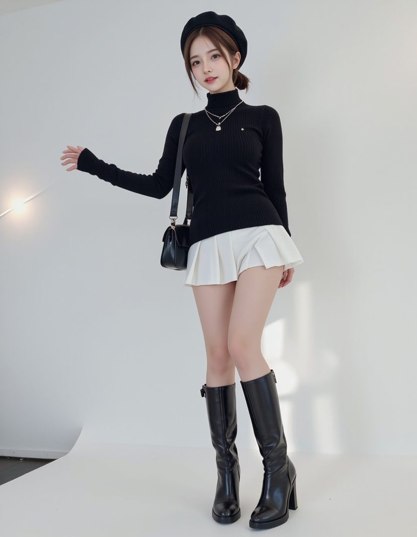 A young woman in a black turtleneck, white pleated mini skirt, and black knee-high boots poses indoors.