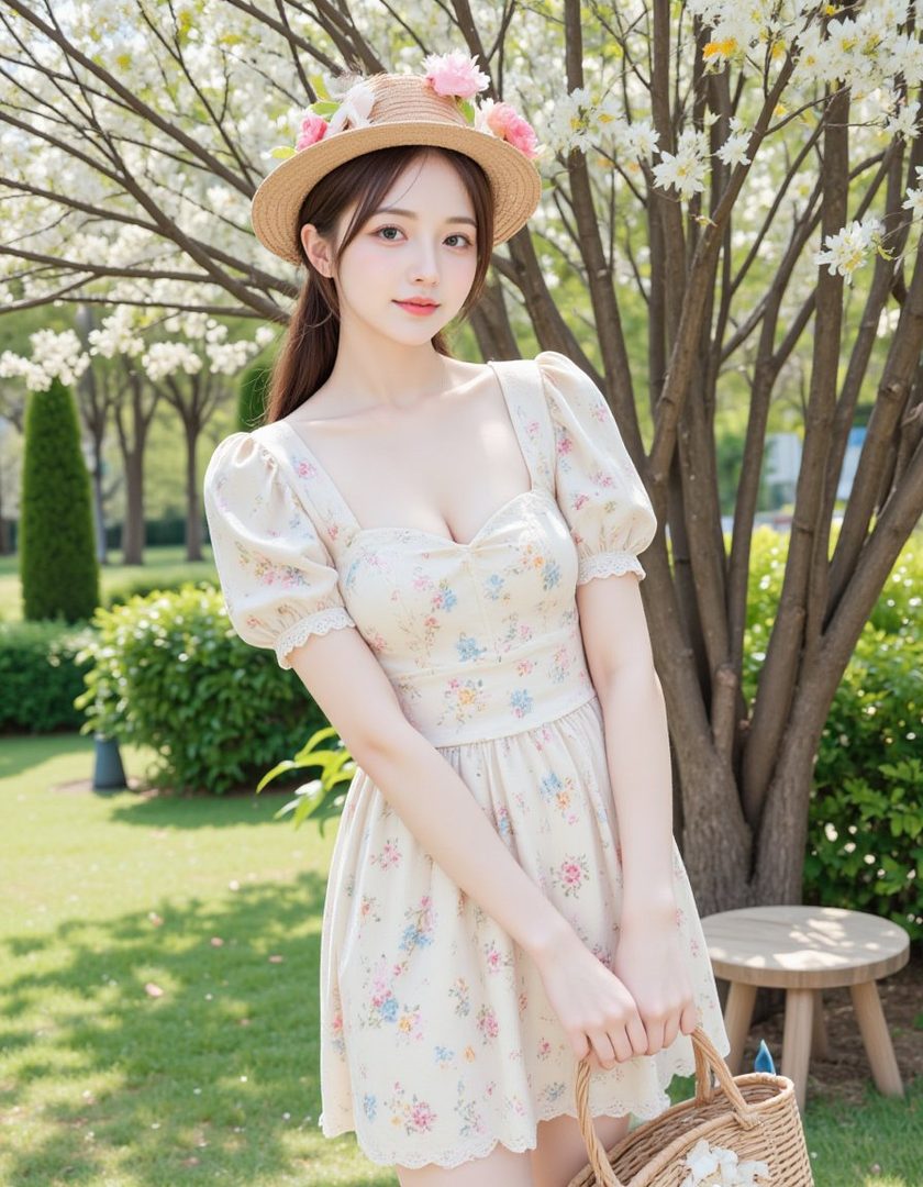 A young woman in a floral dress and straw hat stands outdoors under a blooming tree, holding a wicker basket.