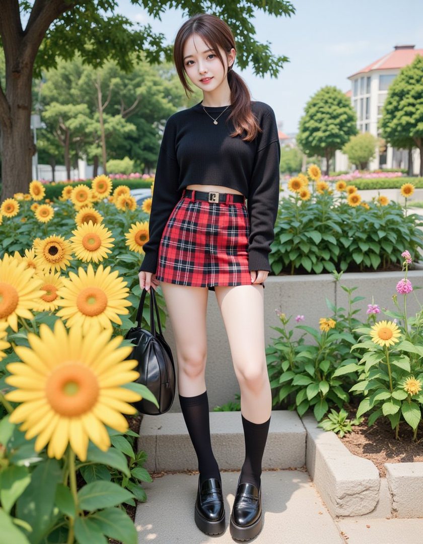 A young woman in a black sweater and red plaid skirt stands outdoors among sunflowers.