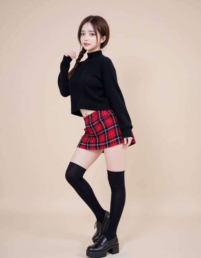 A young woman with a braided hairstyle poses in a black cropped sweater, red plaid mini skirt, black knee-high socks, and platform loafers against a plain background.