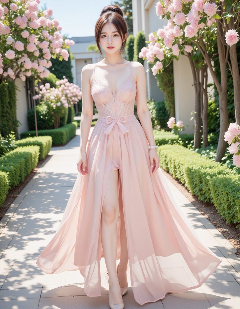 A woman in a long pink lace dress with a high slit walks down a garden path lined with pink flowering trees.