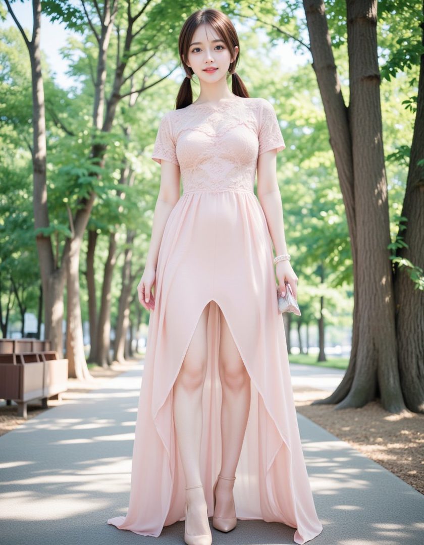 A young woman in a long pink lace dress with a high slit stands on a tree-lined path.