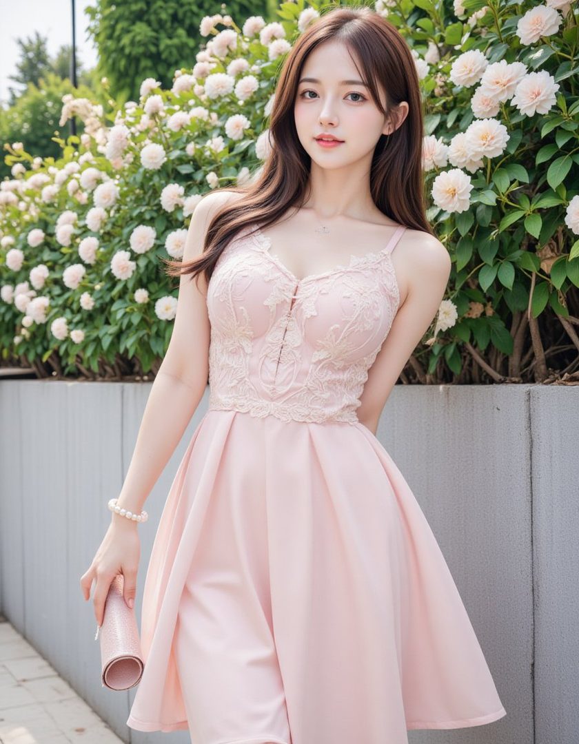 A beautiful woman in a pink lace dress stands outdoors next to a bush of white flowers.