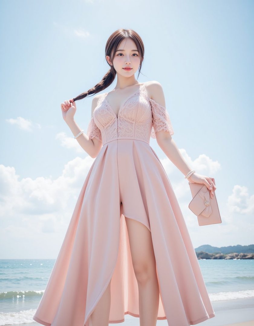 A woman in a pink lace dress with a high-low skirt stands on a beach, holding a matching clutch.