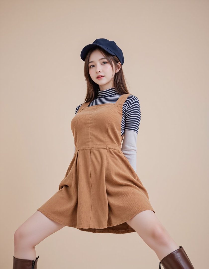 A young woman with long brown hair and a newsboy cap poses in a brown corduroy jumper dress over a striped turtleneck.