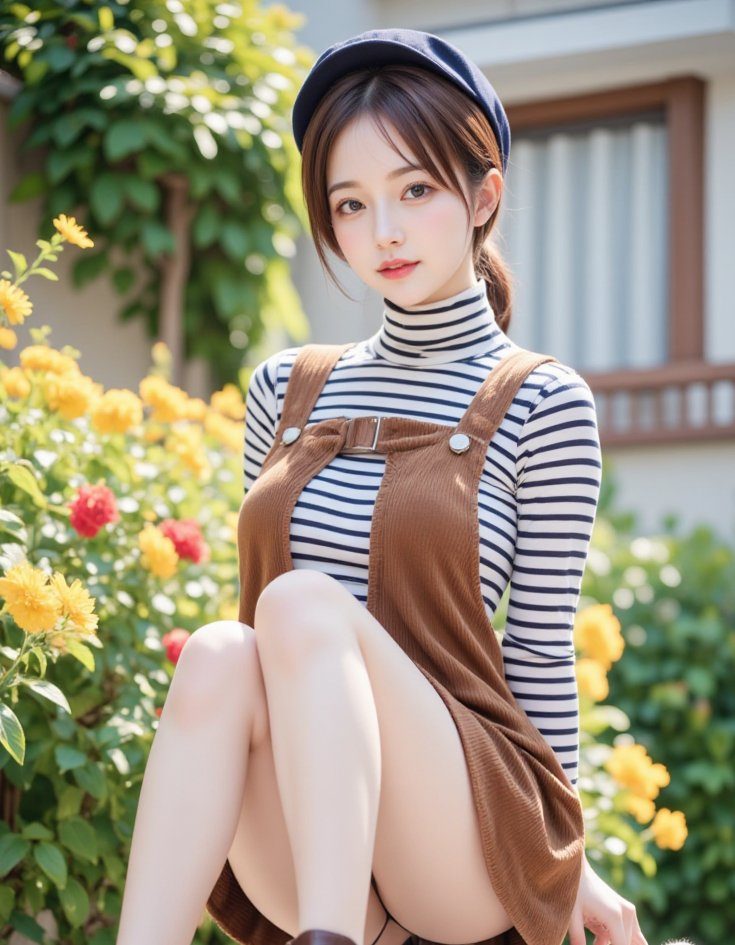 A young woman with brown hair and a newsboy cap wears a striped turtleneck and a brown corduroy jumper dress, sitting outdoors among yellow flowers.