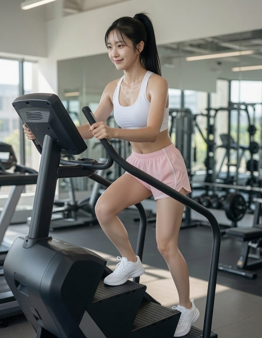 A young woman with black hair in a ponytail is exercising on a stair climber at the gym, wearing a white sports bra and pink shorts.