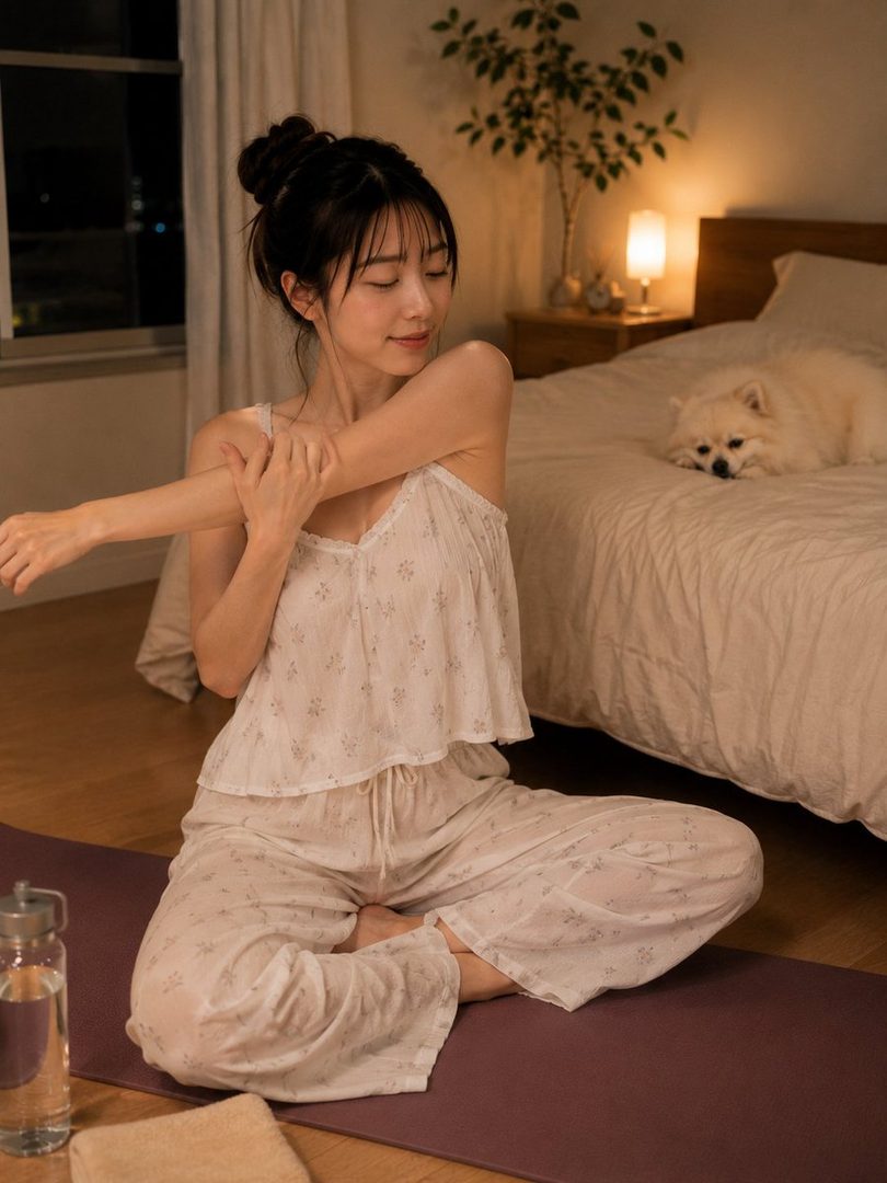 A young woman with black hair in a bun, wearing light-colored pajamas, stretches on a yoga mat in a cozy bedroom at night, with a small dog sleeping on the bed in the background.
