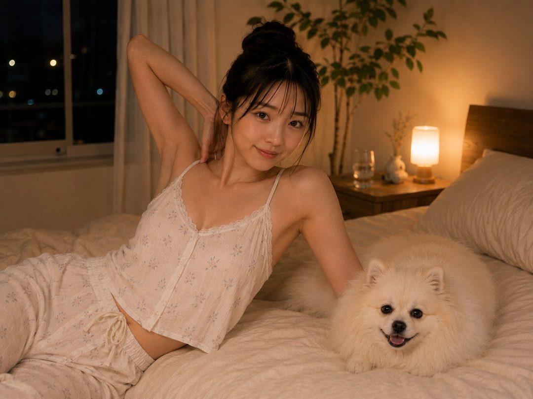 A young woman with black hair in pajamas is lying on a bed with a white fluffy dog, smiling gently in a cozy bedroom at night.