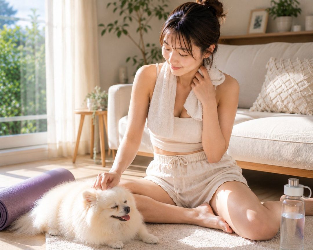 A young woman in casual wear sits on the floor next to a fluffy white dog, with a yoga mat and water bottle nearby, in a sunlit indoor setting.