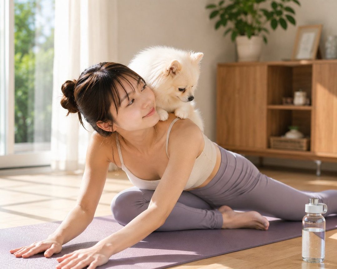 A young woman in sportswear is stretching on a yoga mat indoors with a small white dog on her shoulder.