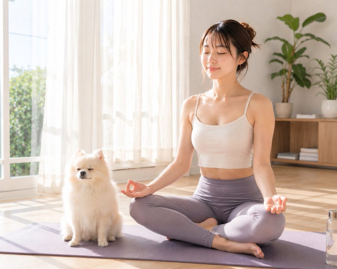 A young woman with brown hair in a bun, wearing a white sports bra and purple leggings, meditates on a yoga mat with a small white dog beside her in a sunlit room.