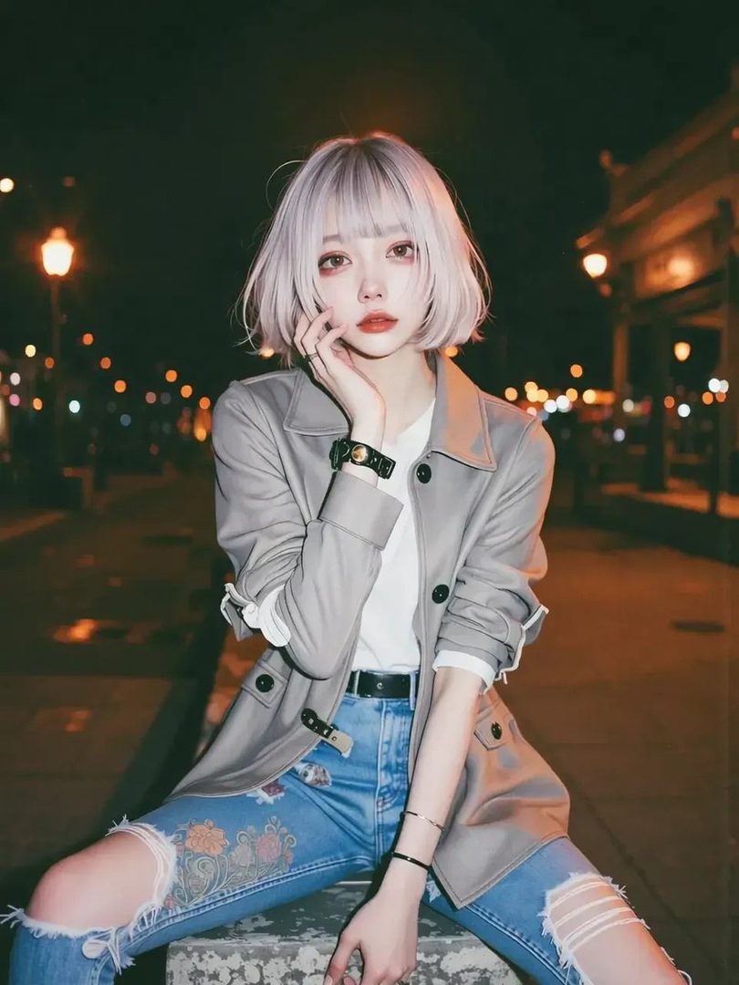 A young woman with silver bob hair and bangs, wearing a grey coat and ripped jeans, sits on a stone bench at night with blurred streetlights in the background.