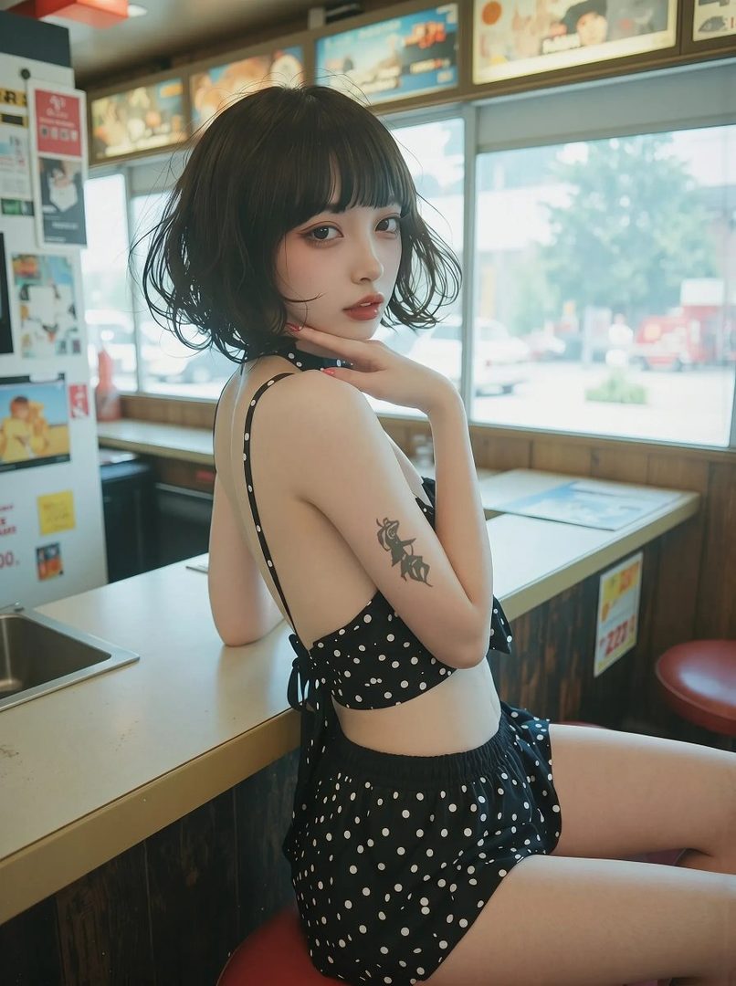 A young woman with short black hair and bangs, wearing a black and white polka dot top and shorts, sits at a counter indoors.