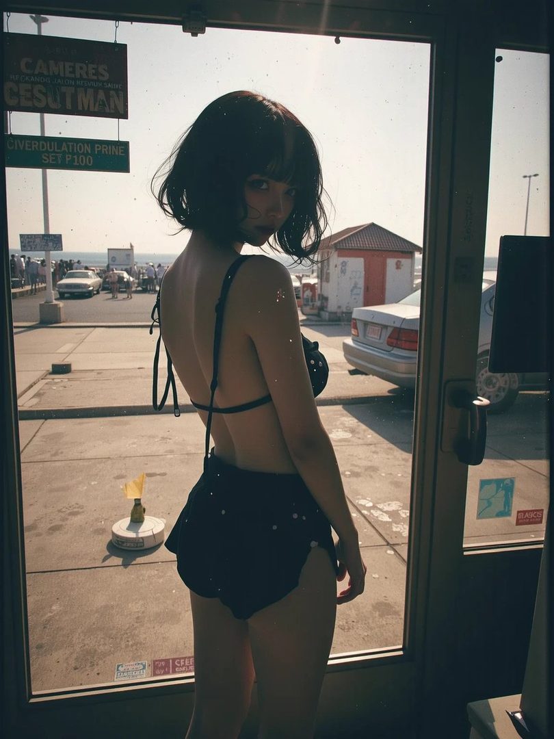 A woman with short black hair and bangs, wearing a black bikini top and shorts, looks over her shoulder from inside a building with a beach and street visible outside.