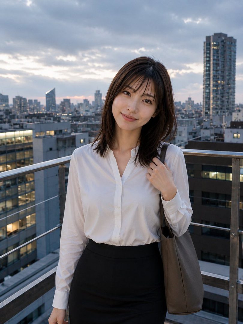 A young woman with brown hair and a white blouse smiles gently on a rooftop overlooking a city skyline at dusk.