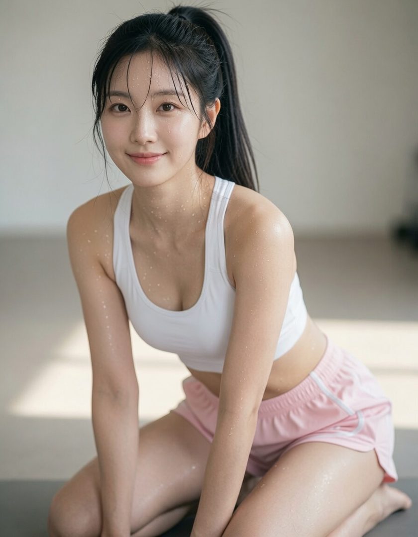 A young woman with black hair in a ponytail, wearing a white sports bra and pink shorts, is kneeling on a mat, looking sweaty after a workout.