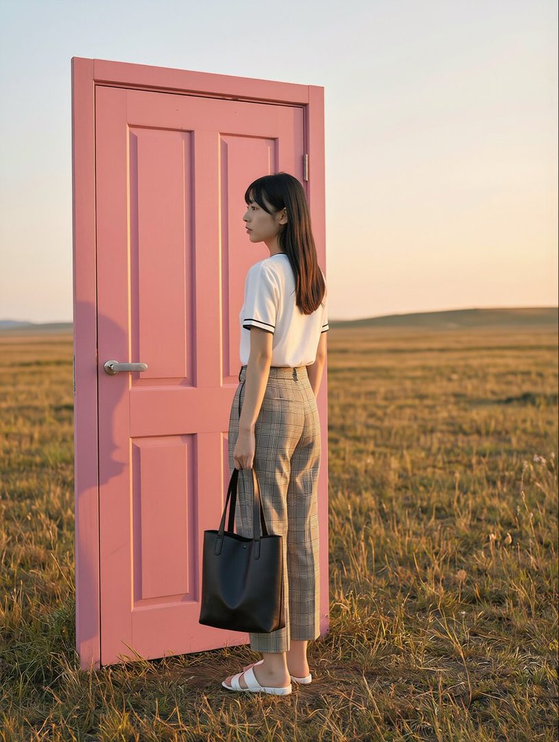 A woman with long black hair stands next to a pink door in a grassy field during golden hour, holding a black tote bag.