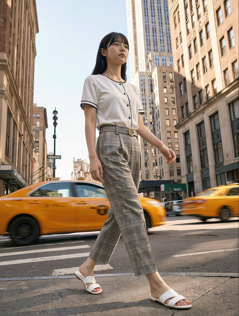 A young woman with black hair and bangs, wearing a white short-sleeved top and plaid pants, walks across a city street with yellow taxis in the background.