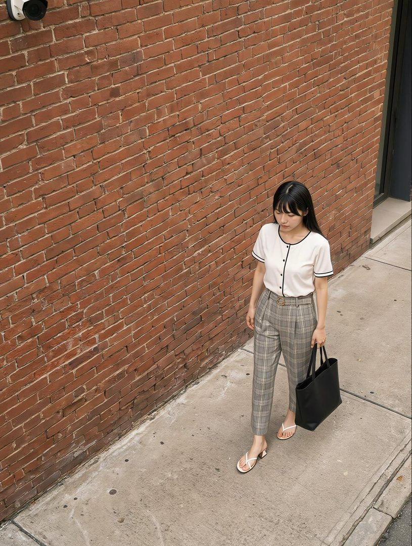 A young woman with long black hair, wearing a white top and plaid pants, walks down a sidewalk next to a brick wall.