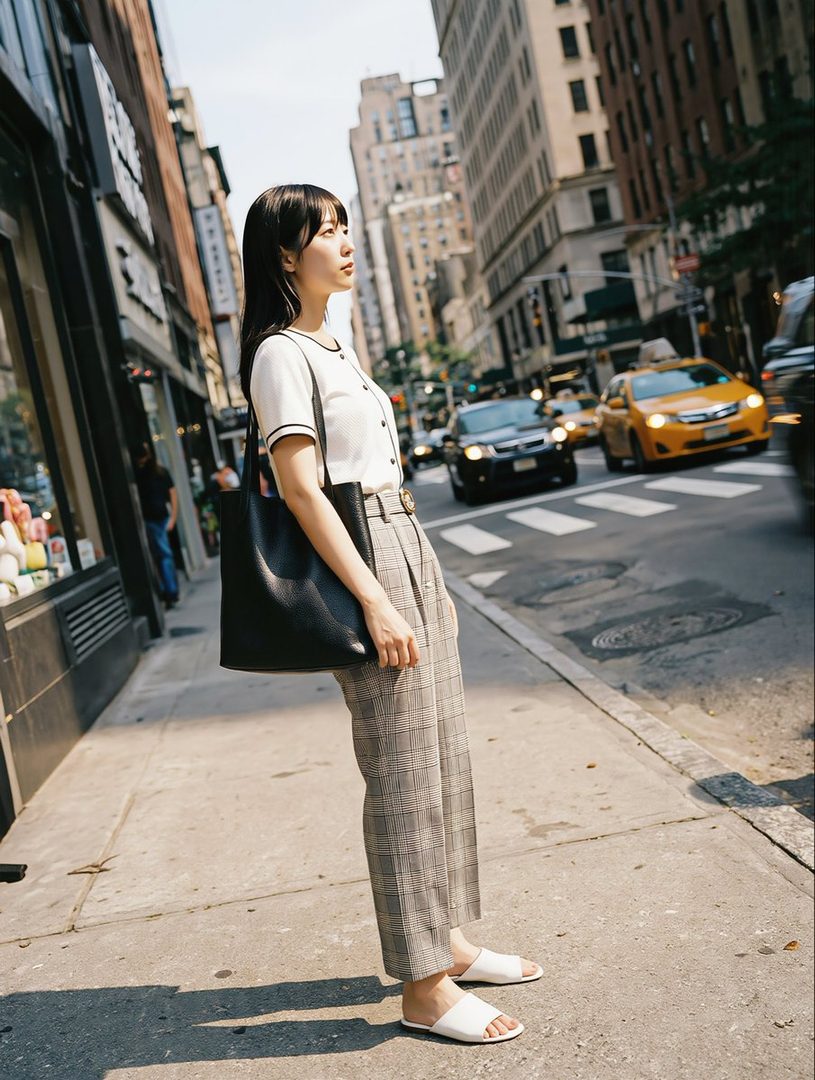 A young woman with long black hair and bangs, wearing a white short-sleeved top and plaid pants, stands on a city street with a black tote bag, looking up and to the side.