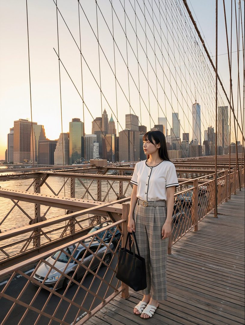 A young woman with long black hair stands on a bridge overlooking a city skyline at golden hour.