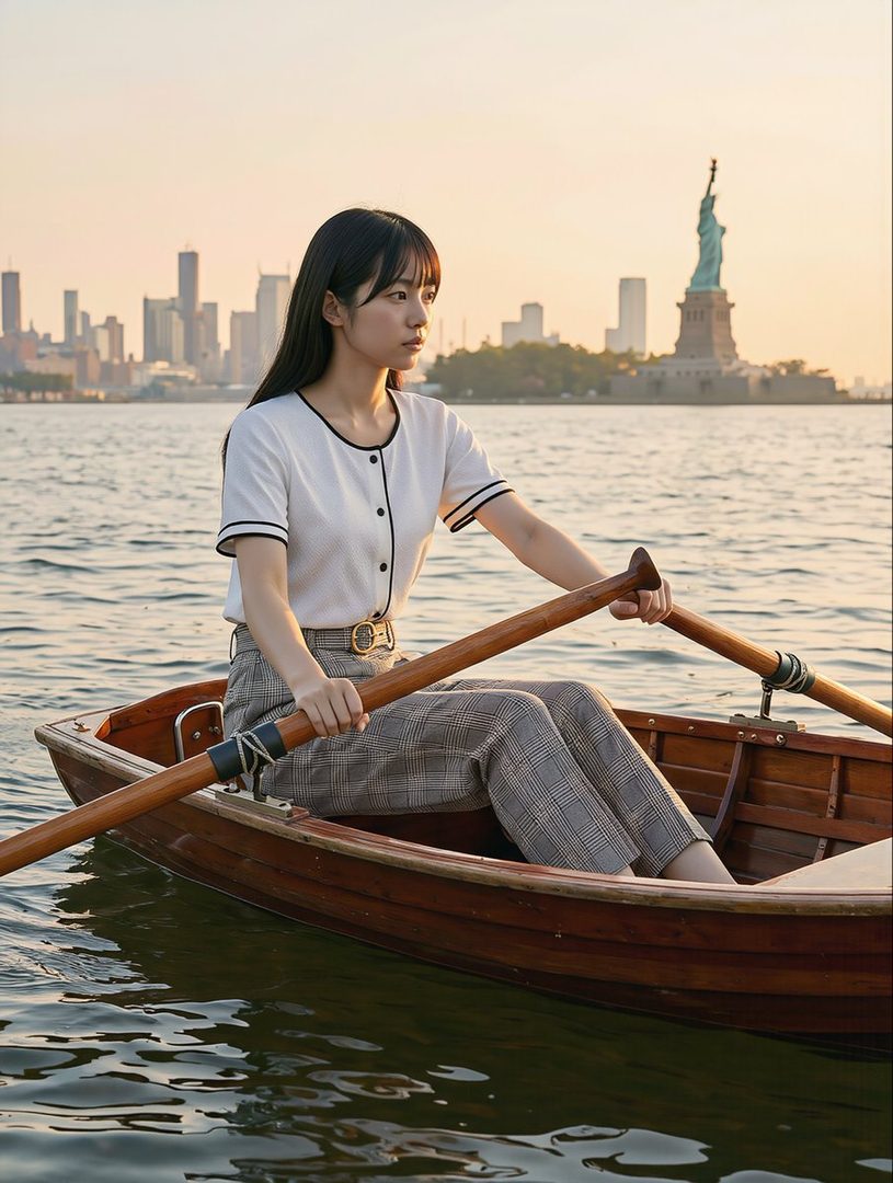 A young woman with black hair and bangs rows a boat on the water with the New York City skyline and Statue of Liberty in the background at golden hour.