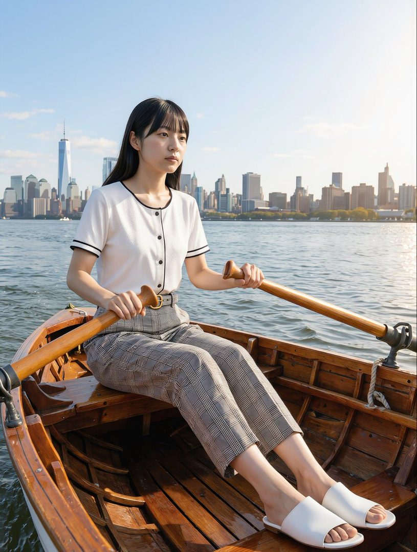 A young woman with black hair and bangs rows a wooden boat on a river with a city skyline in the background under a clear sky.