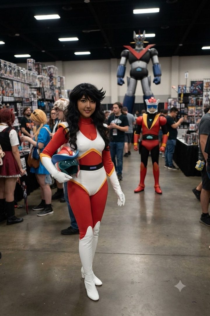 A woman in a red and white cosplay suit with long black hair poses indoors at a convention.
