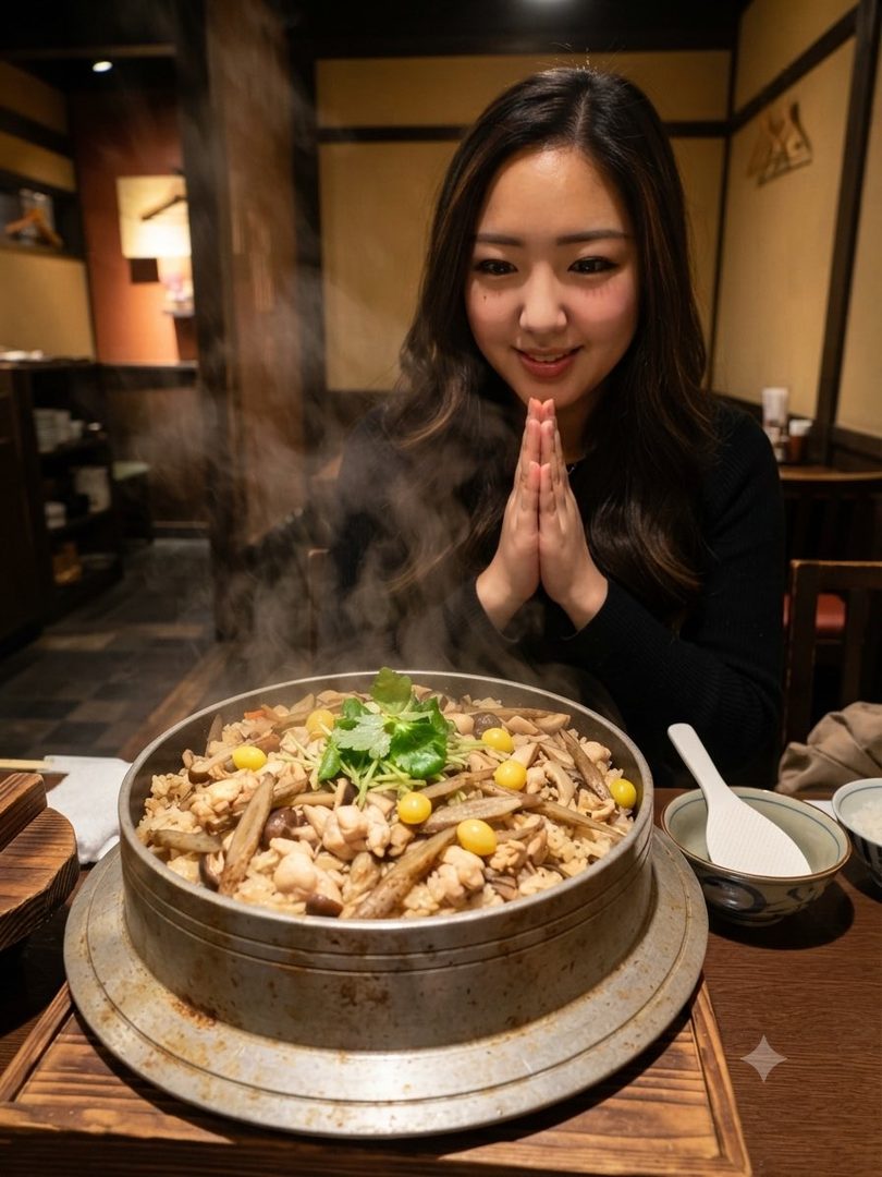 A young woman with long brown hair smiles with her hands clasped in front of a steaming pot of kamameshi in a restaurant.