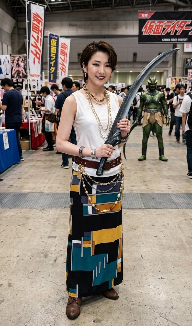 A woman in a white tank top and a patterned long skirt holds a large sword, posing at an indoor event with banners in the background.