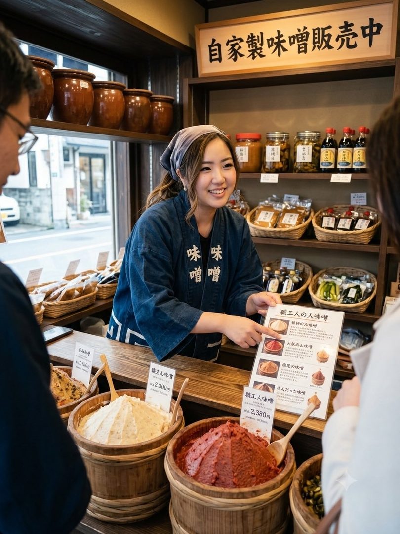 A smiling Japanese woman in a traditional shop uniform is serving customers at a miso store, pointing to a menu.