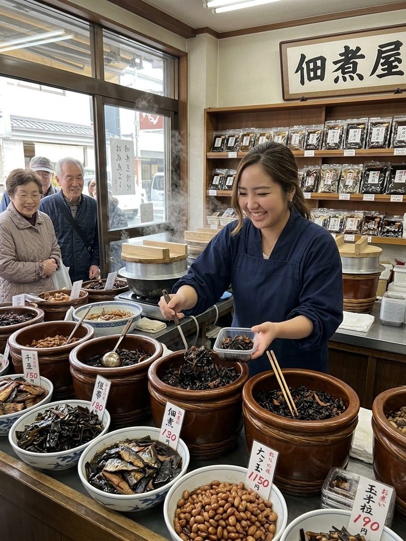 A smiling young woman in a blue apron serves food from large pots in a traditional Japanese shop, with customers in the background.
