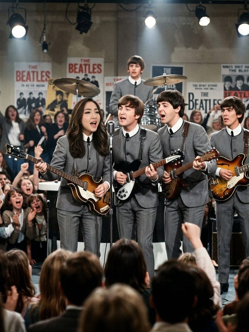 A photorealistic image of a female musician performing on stage with The Beatles, all wearing matching grey suits and playing instruments, with an excited audience in the foreground.