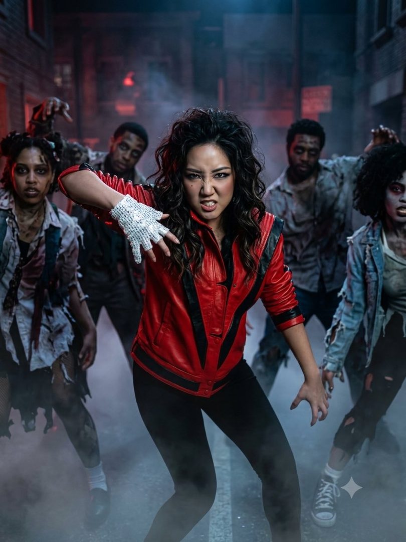 A woman in a red and black jacket and a white sequined glove, mimicking Michael Jackson's Thriller, surrounded by zombies on a foggy street.