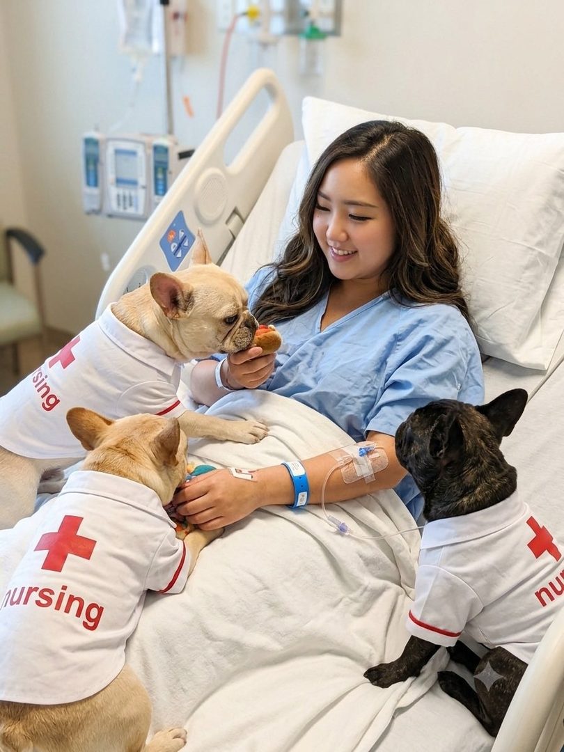 A young woman in a hospital bed smiles while interacting with three French bulldogs wearing 'nursing' shirts.