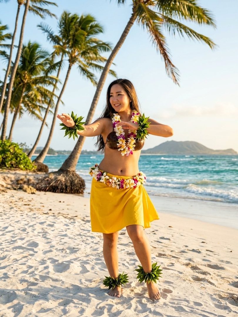 A young woman in traditional Hawaiian attire, including a coconut bra and yellow skirt, dances on a sandy beach with palm trees and the ocean in the background.
