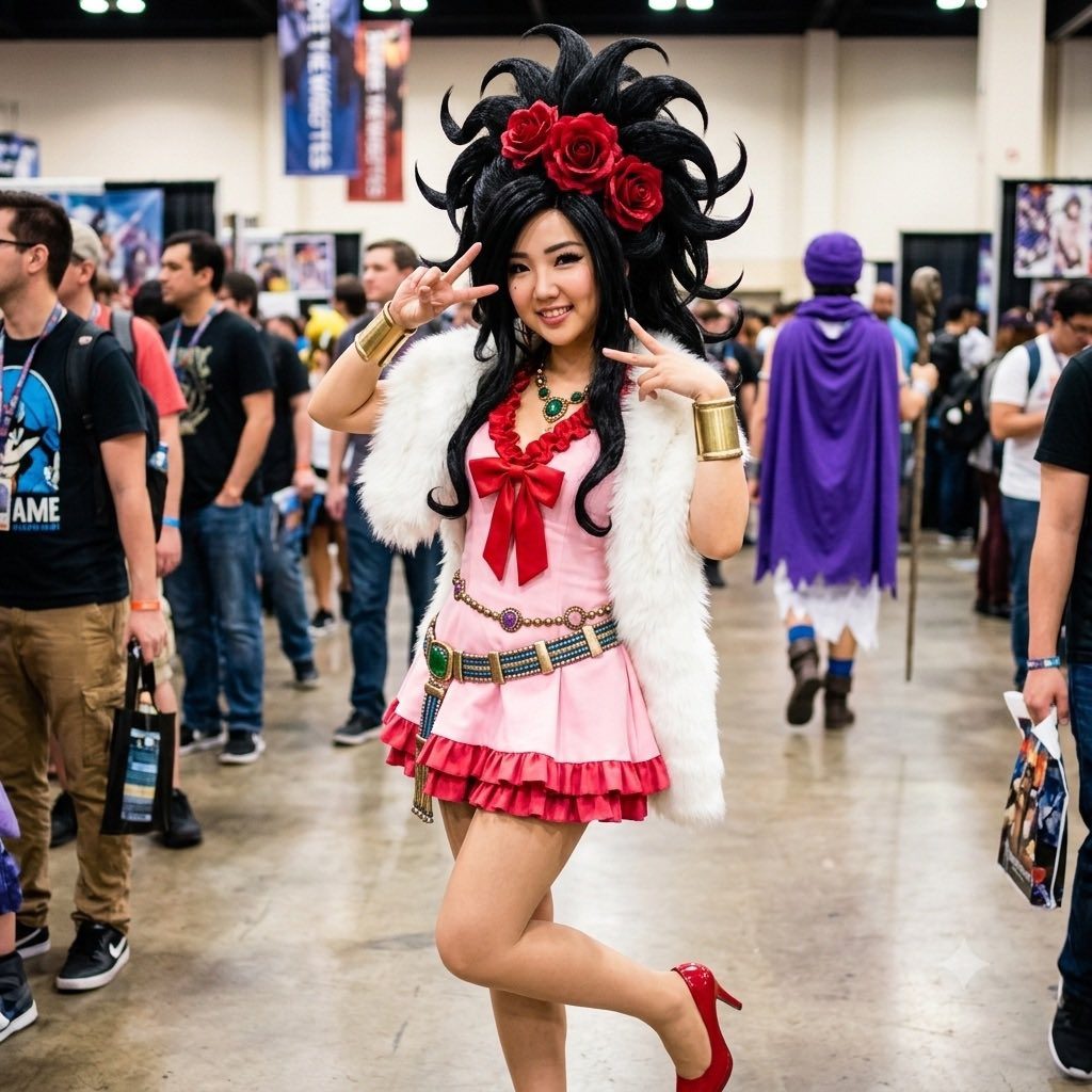 A woman in a pink dress and elaborate black hair with red roses poses for a photo at an indoor event, making a peace sign.