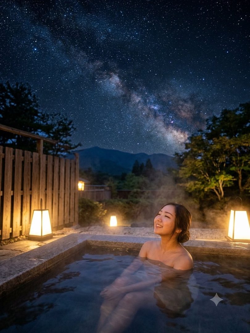 A woman enjoying an outdoor hot spring bath under a starry night sky with the Milky Way visible.