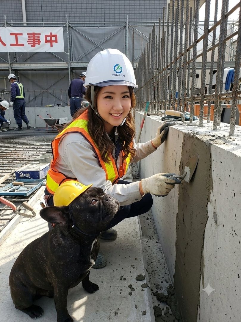 A smiling woman in a hard hat and safety vest applies cement to a wall, with a French bulldog wearing a yellow hard hat beside her at a construction site.
