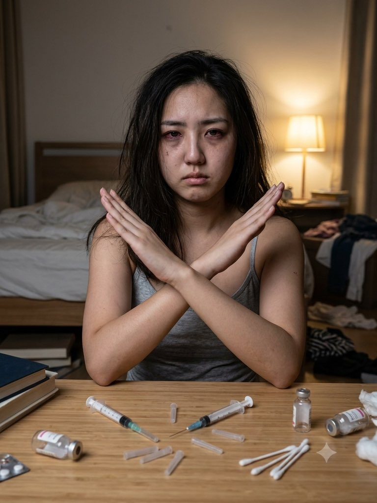 A young woman with disheveled black hair and a gray tank top sits at a table with syringes and vials, making an 'X' with her arms, in a dimly lit room.