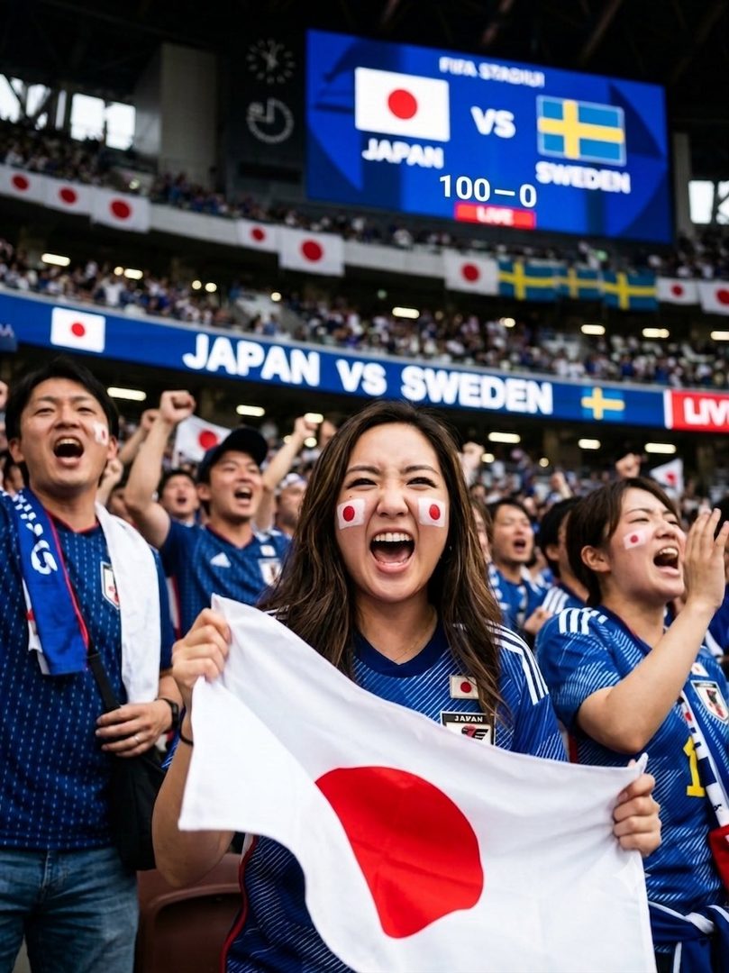 A group of Japanese soccer fans cheer excitedly in a stadium, with the main woman holding a Japanese flag and having face paint.