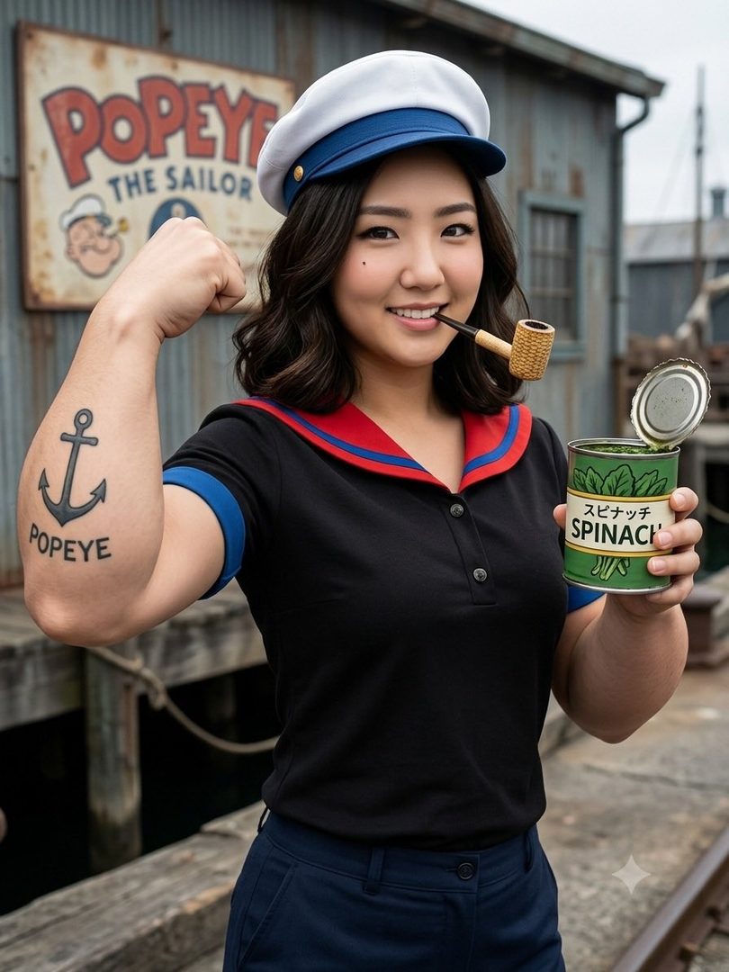 A woman dressed as Popeye the Sailor Man, flexing her arm with a fake anchor tattoo and holding a can of spinach.