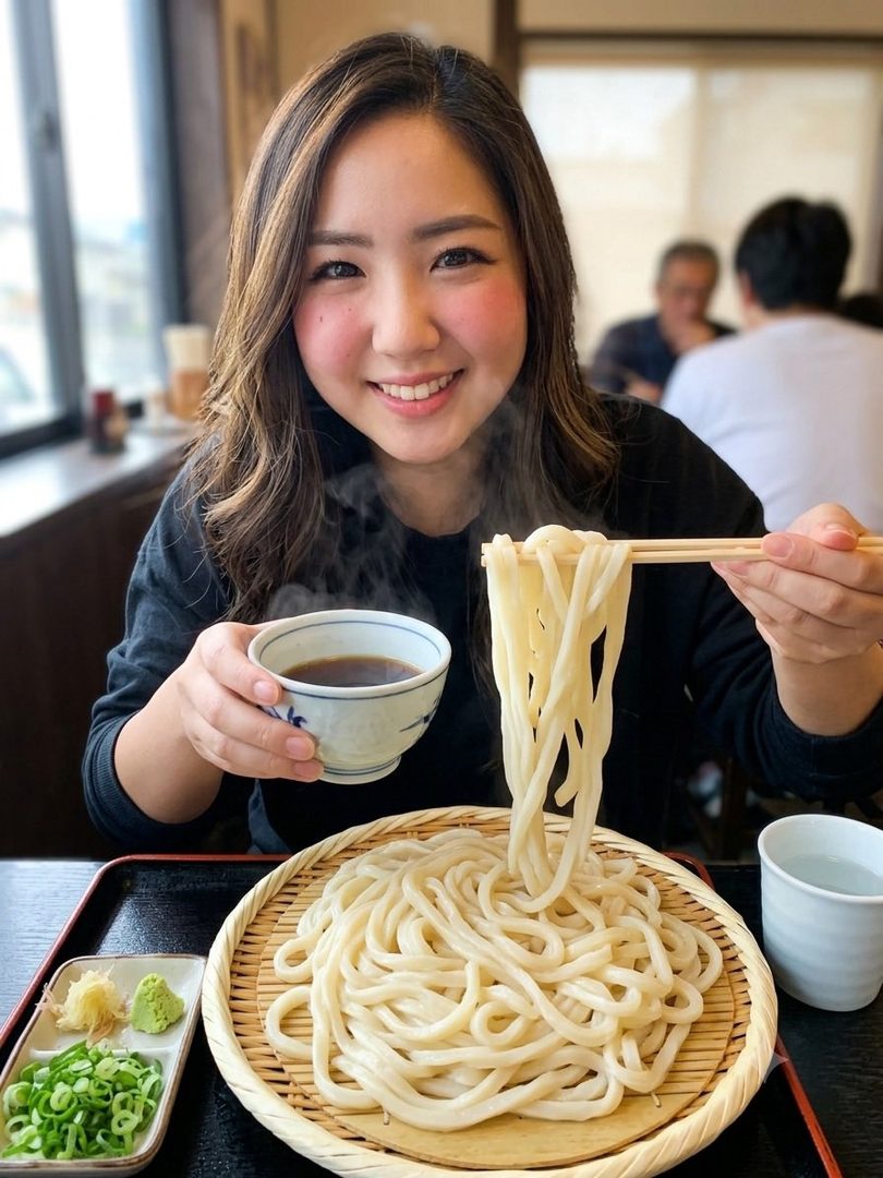 A smiling East Asian woman in a black top holds up a large portion of steaming udon noodles with chopsticks, while holding a small bowl of dipping sauce, in an indoor restaurant setting.