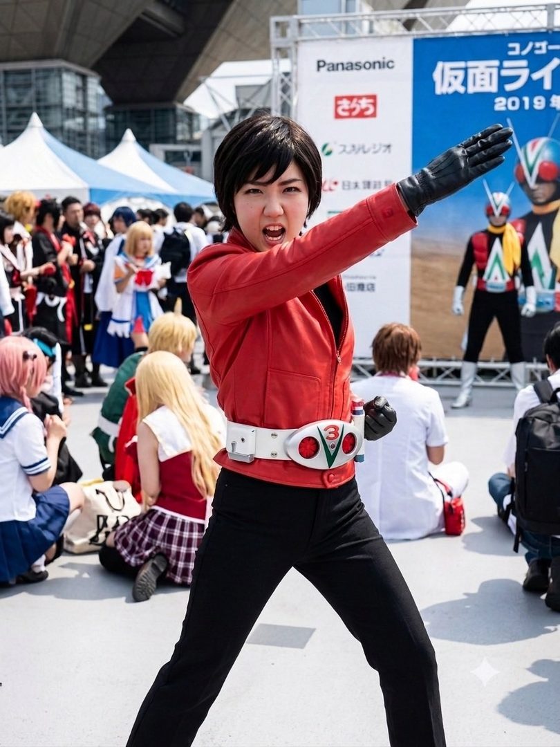 A person in a red jacket and black pants, cosplaying as a character with a white belt, poses outdoors at an event.