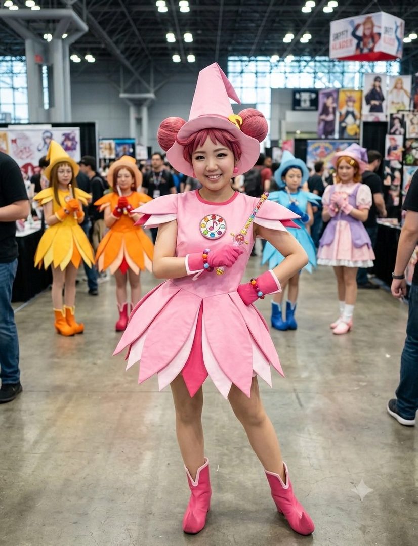 A young woman in a pink Ojamajo Doremi cosplay costume smiles at the camera at an indoor event.