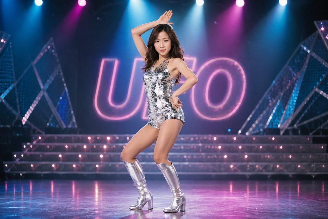 A woman in a sparkly silver romper and silver boots poses on a stage with neon lights.
